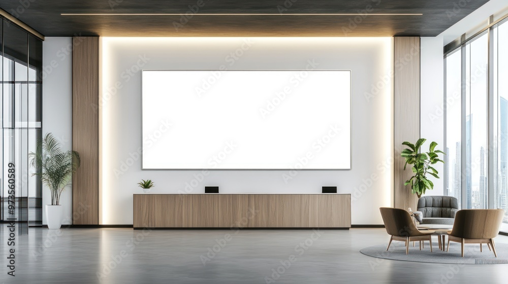 Modern office lobby with large blank canvas for signage, wooden reception desk, and comfortable seating area. Modern office lobby with large blank canvas for signage, wooden reception desk, and comfortable seating area.