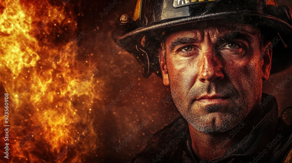 Close up portrait of a firefighter in a helmet with a serious look on his face, fire flames in the background. Close up portrait of a firefighter in a helmet with a serious look on his face, fire flames in the background.