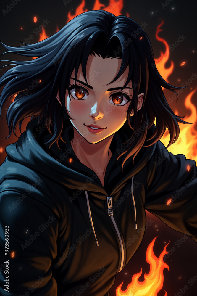 a dynamic digital artwork of a female character with fiery hair and a determined expression, standing in front of a fiery background. a dynamic digital artwork of a female character with fiery hair and a determined expression, standing in front of a fiery background.