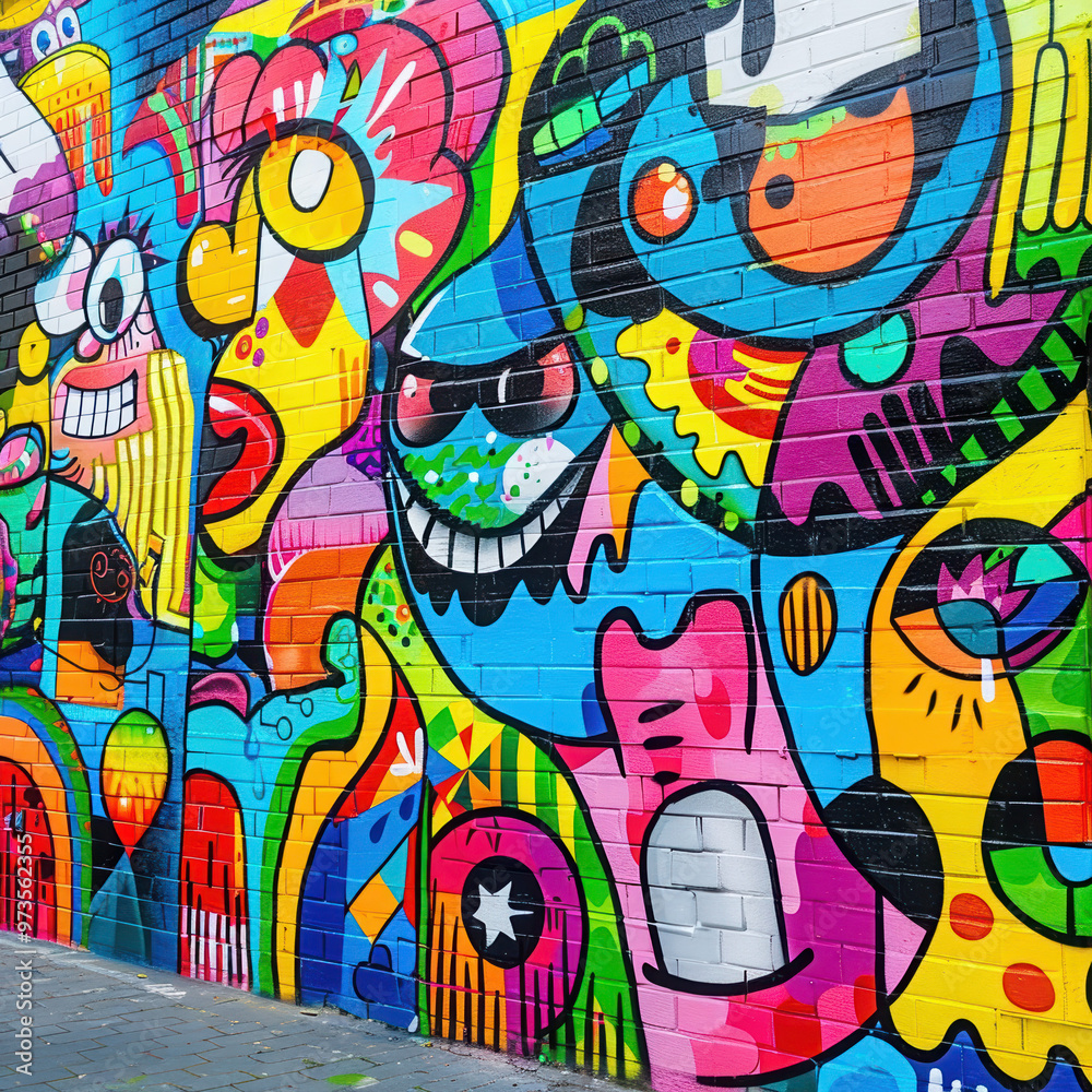Obraz premium graffiti street art mural colorful vibrant urban wall art brick wall abstract design artwork pop art creative bold bright contemporary expressive artistic modern 
