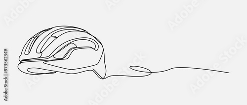 Continuous one line drawing of bicycle helmet. Sport, cyclist, biker, mountain, track, race, protection concept. Editable stroke vector.