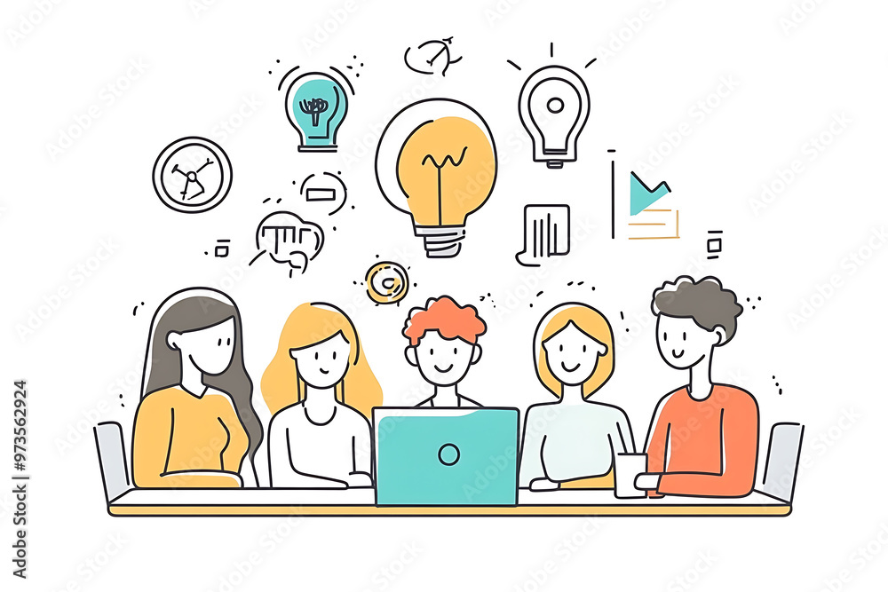 A group of people gathered around a table, engaged in a discussion about innovative ideas, with a laptop at the center. The scene highlights teamwork, collaboration, and creativity and ideas