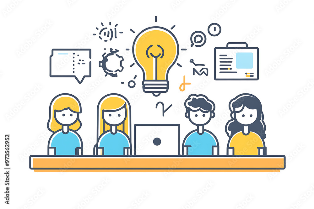 A group of people gathered around a table, engaged in a discussion about innovative ideas, with a laptop at the center. The scene highlights teamwork, collaboration, and creativity and ideas A group of people gathered around a table, engaged in a discussion about innovative ideas, with a laptop at the center. The scene highlights teamwork, collaboration, and creativity and ideas