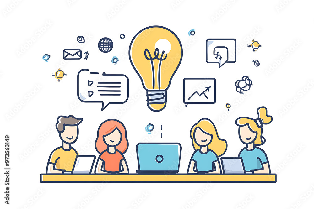 A group of people gathered around a table, engaged in a discussion about innovative ideas, with a laptop at the center. The scene highlights teamwork, collaboration, and creativity and ideas A group of people gathered around a table, engaged in a discussion about innovative ideas, with a laptop at the center. The scene highlights teamwork, collaboration, and creativity and ideas