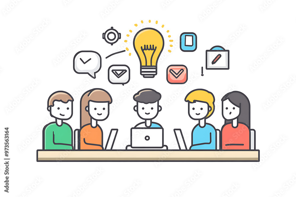 A group of people gathered around a table, engaged in a discussion about innovative ideas, with a laptop at the center. The scene highlights teamwork, collaboration, and creativity and ideas A group of people gathered around a table, engaged in a discussion about innovative ideas, with a laptop at the center. The scene highlights teamwork, collaboration, and creativity and ideas