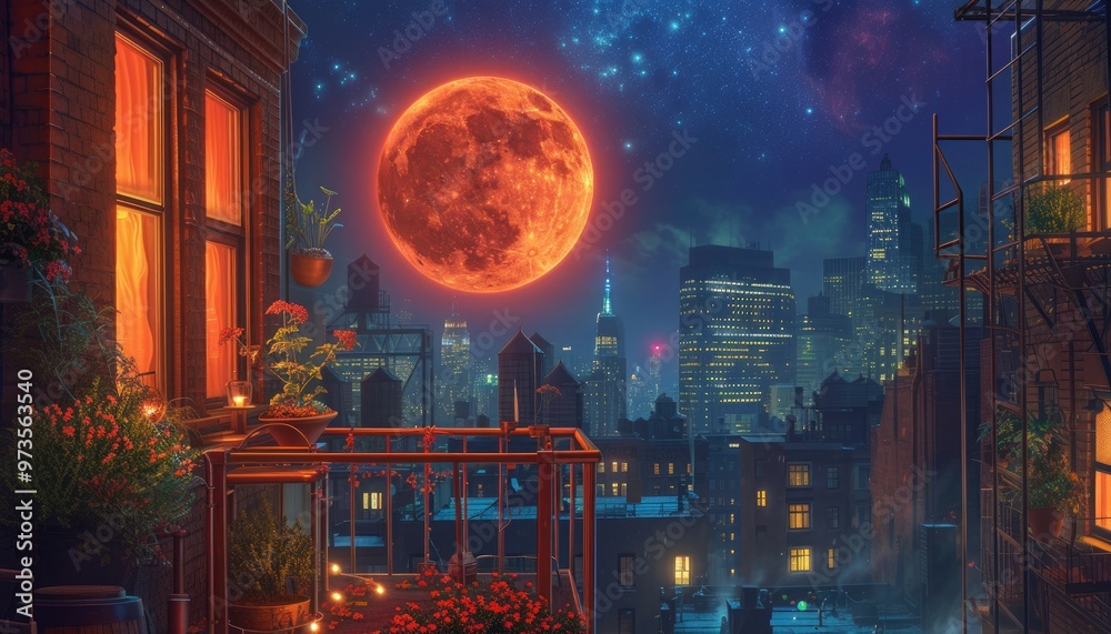 Fototapeta premium Red moon over a vibrant cityscape at night