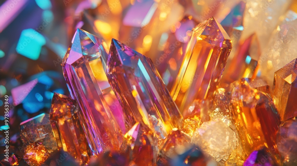 Close-up of iridescent orange and purple crystals with a blurred background. Close-up of iridescent orange and purple crystals with a blurred background.