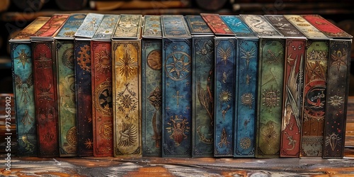 A collection of ancient tarot card decks displayed upright on a wooden surface, revealing their beautifully ornate and colorful spine designs. Each deck features unique symbols, mystical motifs, celes