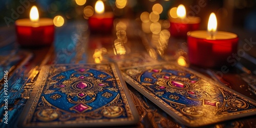A collection of stacked, vintage tarot cards laid on a rustic wooden table. The cards feature intricate, medieval-inspired designs with faded colors, golden accents, and ornate patterns that suggest a