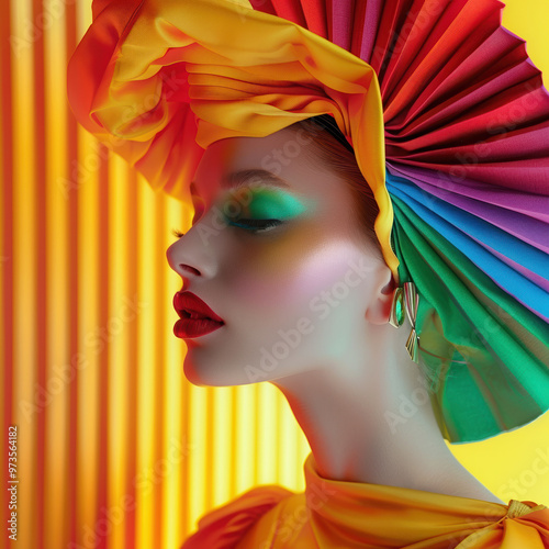 fashion model portrait colorful hat makeup art woman beauty style glamour elegance expression creative photography vibrant aesthetic headpiece clothing rainbow lips 