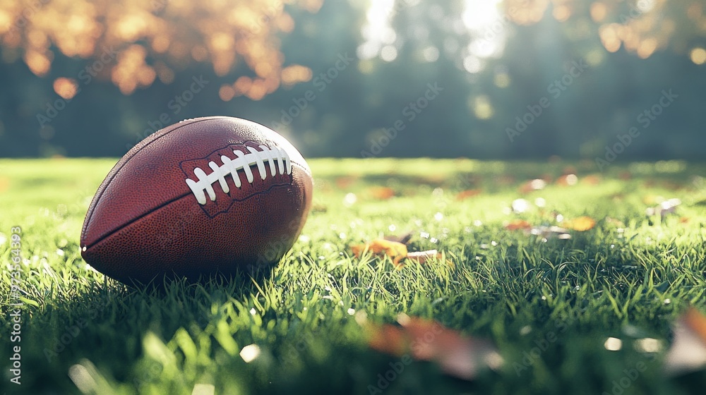A close-up of a football resting on grass with autumn leaves scattered around. A close-up of a football resting on grass with autumn leaves scattered around.