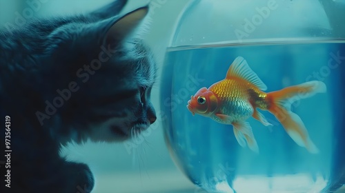 A curious kitten gazes at a colorful goldfish in a bowl, showcasing the wonder of pet interaction and friendship. photo