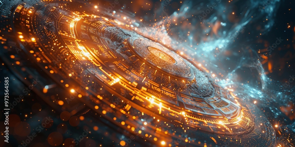 A mesmerizing cosmic scene depicting an ethereal, swirling vortex in space, intertwined with a giant clock face. The clock, with its Roman numerals, appears to be suspended in the vastness of the univ A mesmerizing cosmic scene depicting an ethereal, swirling vortex in space, intertwined with a giant clock face. The clock, with its Roman numerals, appears to be suspended in the vastness of the univ