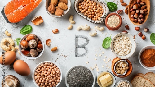 Foods Rich in Vitamin B Complex with the Letter B Drawn in the Center