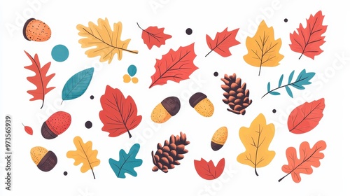 Vibrant Autumn Foliage Vector Illustration with Leaves, Acorns, and Pinecones on White Background in Minimalist Style
