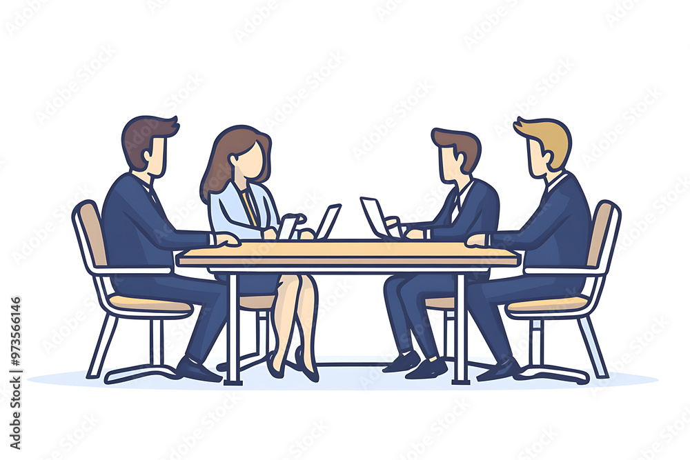 A group of people in suits sits at a table engaged in a discussion about team building. The flat art style emphasizes collaboration and professional teamwork A group of people in suits sits at a table engaged in a discussion about team building. The flat art style emphasizes collaboration and professional teamwork