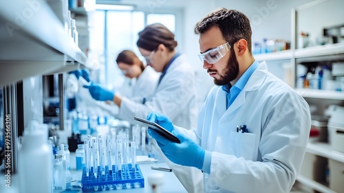 A focused scientist in a laboratory, analyzing data on a tablet amidst a variety of glassware and colleagues working together.