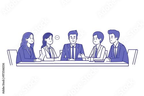 A group of people in suits sits at a table engaged in a discussion about team building. The flat art style emphasizes collaboration and professional teamwork