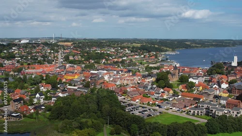 An aerial panorama around the old town of the city Hobro on a sunny summer day in Denmark photo