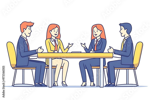 A group of people in suits sits at a table engaged in a discussion about team building. The flat art style emphasizes collaboration and professional teamwork