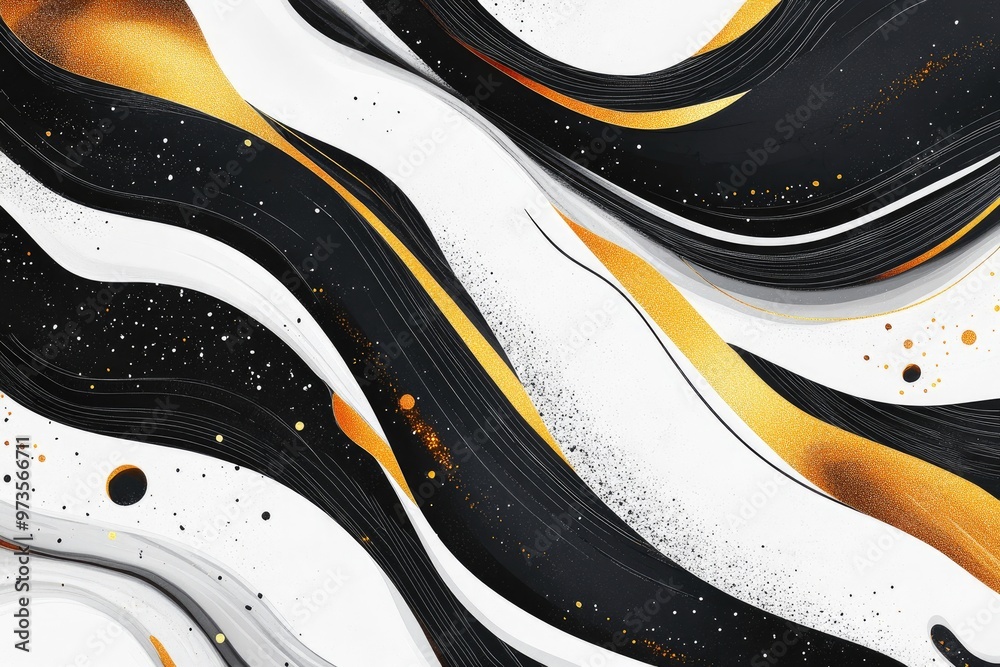 Abstract black and white 2D cartoon background featuring colorful curved lines swirls and golden glitter accents combined with a marble texture for added visual interest Abstract black and white 2D cartoon background featuring colorful curved lines swirls and golden glitter accents combined with a marble texture for added visual interest