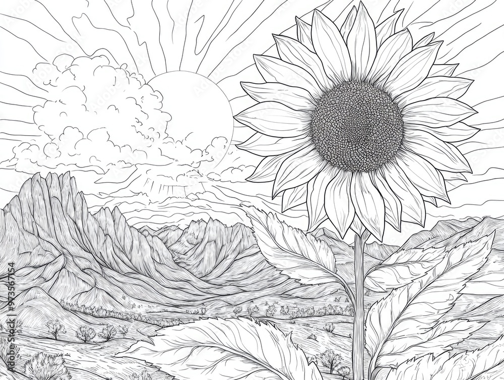 custom made wallpaper toronto digitalFantasy sunflower in a mountain scene illuminated by sunlight Educational coloring page illustration suitable for all ages Outline style in black and white