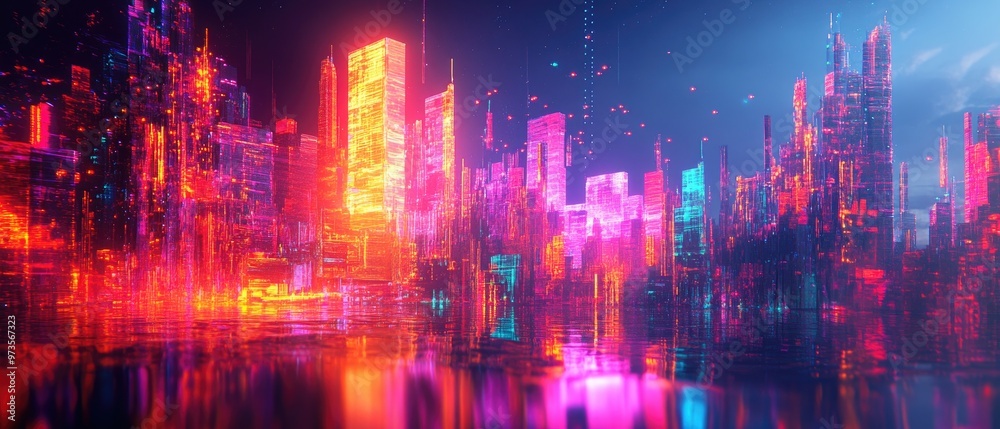 Fototapeta premium Abstract 3D fractal background featuring a vibrant neon cityscape showcasing intricate designs and futuristic elements in a digital illustration