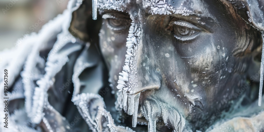 a statue covered in frost and shivering, with icicles hanging from its nose a statue covered in frost and shivering, with icicles hanging from its nose