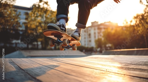 A skateboarder performs a trick in a park during sunset, capturing the essence of leisure. photo