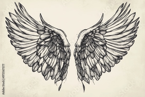 Tattoo style illustration of bird wings featuring a hand drawn design element