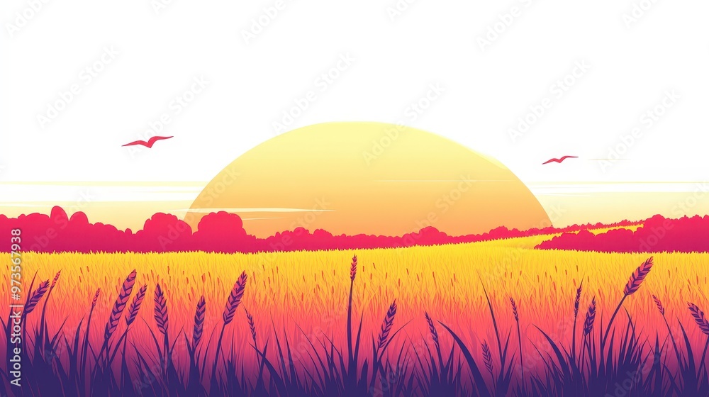 Golden Wheat Field at Sunset - Minimalist Flat Design Illustration of Agricultural Landscape Golden Wheat Field at Sunset - Minimalist Flat Design Illustration of Agricultural Landscape