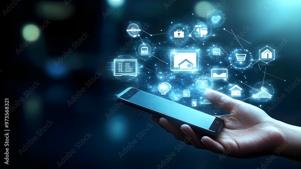 A hand holding a smartphone with digital icons representing various applications and technologies, symbolizing connectivity. A hand holding a smartphone with digital icons representing various applications and technologies, symbolizing connectivity.