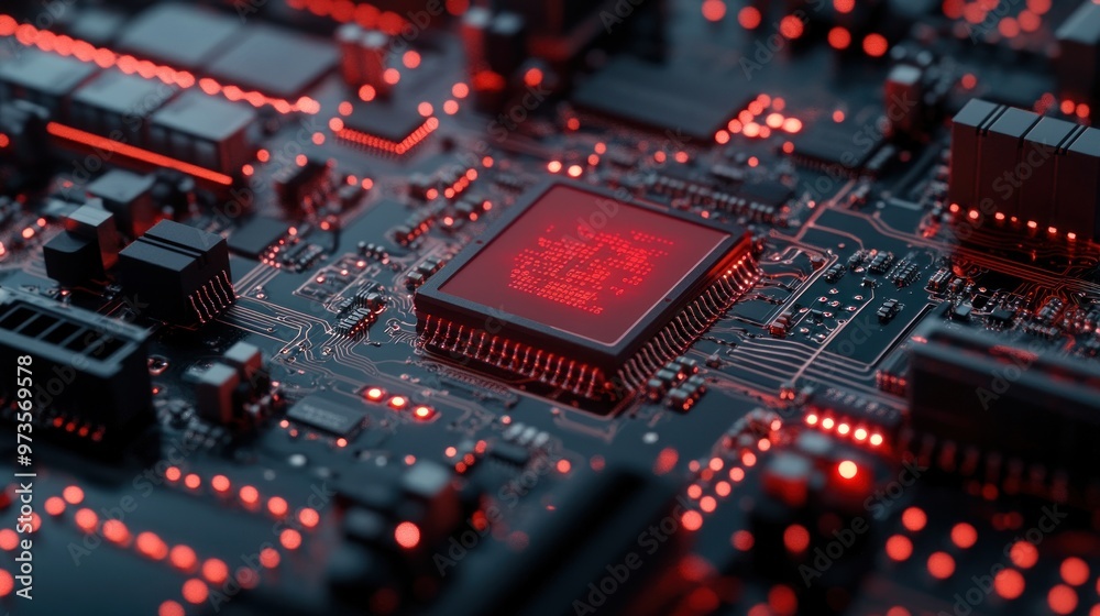 Close-up of a glowing red processor on a circuit board. Close-up of a glowing red processor on a circuit board.