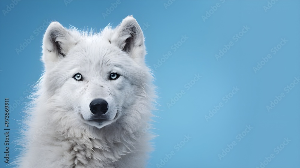 portrait of a white wolf on blue background. portrait of a white wolf on blue background.