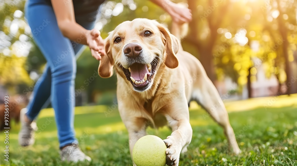 A joyful dog fetching a ball in a sunny park, showcasing happiness and playfulness during a fun outdoor activity. A joyful dog fetching a ball in a sunny park, showcasing happiness and playfulness during a fun outdoor activity.