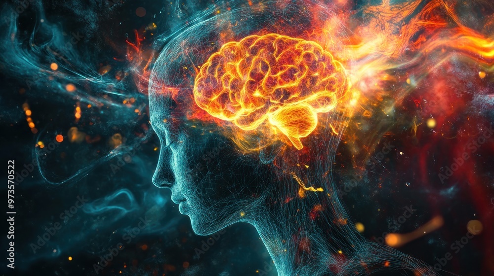 A fiery brain inside a digital head against a dark background. A fiery brain inside a digital head against a dark background.