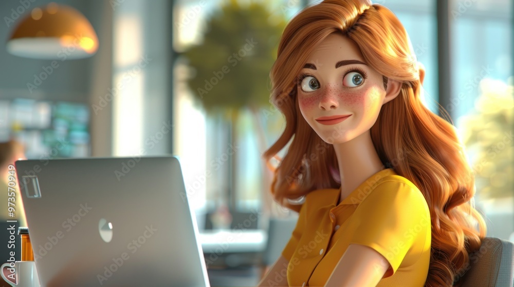 A cartoon woman with long red hair smiles while looking at something off screen, sitting at a desk with a laptop. A cartoon woman with long red hair smiles while looking at something off screen, sitting at a desk with a laptop.