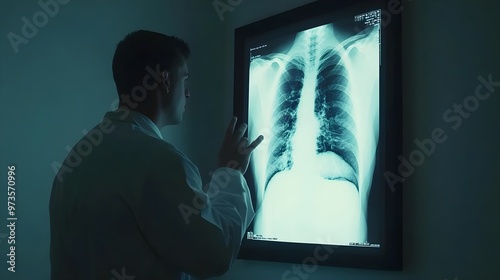 A medical professional analyzing a chest X-ray, highlighting the importance of radiology in patient diagnosis. photo