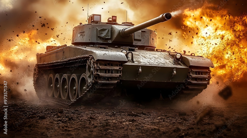 A military tank amidst an explosive scene, showcasing power, strength, and action in a dynamic battlefield environment. A military tank amidst an explosive scene, showcasing power, strength, and action in a dynamic battlefield environment.