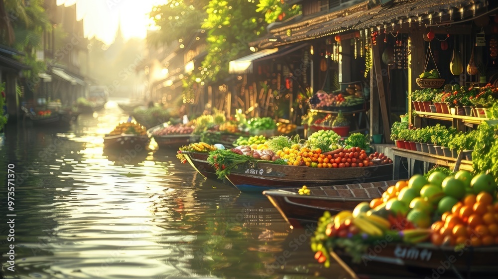 Obraz premium Bustling Floating Market with Boats Filled with a Vibrant Display of Tropical Fruits Vegetables and Goods for Sale in a Scenic Southeast Asian Waterway Setting