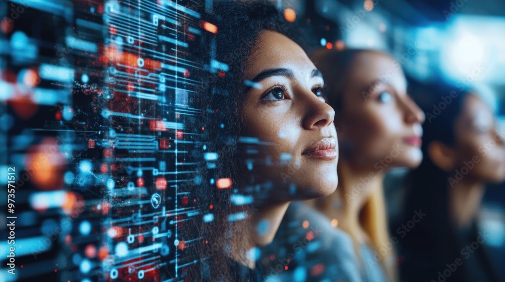 A woman looks up at a futuristic digital display with a hopeful expression, surrounded by other people. A woman looks up at a futuristic digital display with a hopeful expression, surrounded by other people.