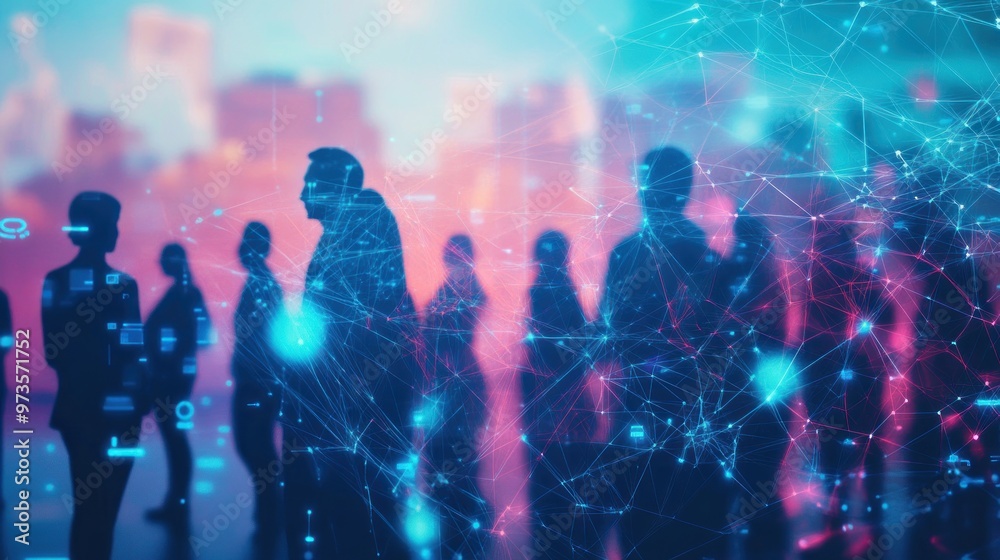 Silhouettes of people walking through a network of glowing lines. Silhouettes of people walking through a network of glowing lines.
