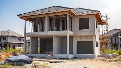 A modern house under construction, showcasing its unique architectural design with unfinished exteriors and a clear blue sky.