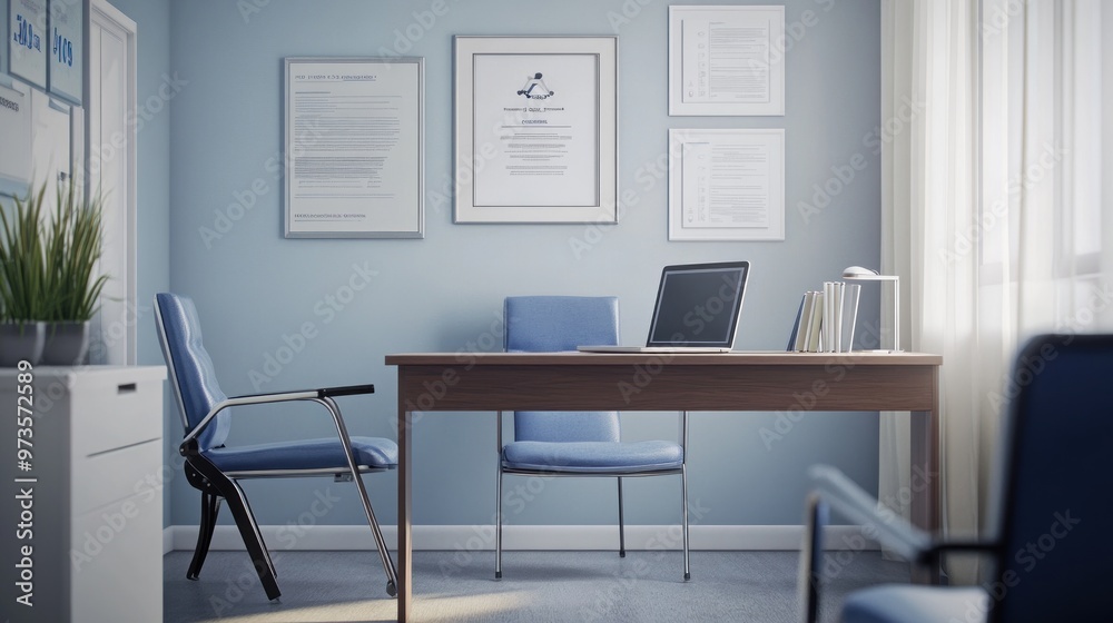 A Minimalist Office Interior with a Desk, Chairs, and a Laptop. A Minimalist Office Interior with a Desk, Chairs, and a Laptop.
