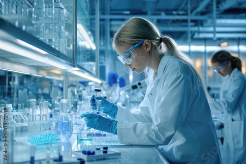 A female scientist working in a lab. This photo can be used for science, research, and technology related projects. photo