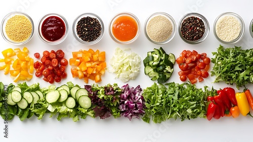 A salad bar layout with fresh vegetables, dressings, and toppings on a bright white background, each component captured in sharp focus and high detail photo