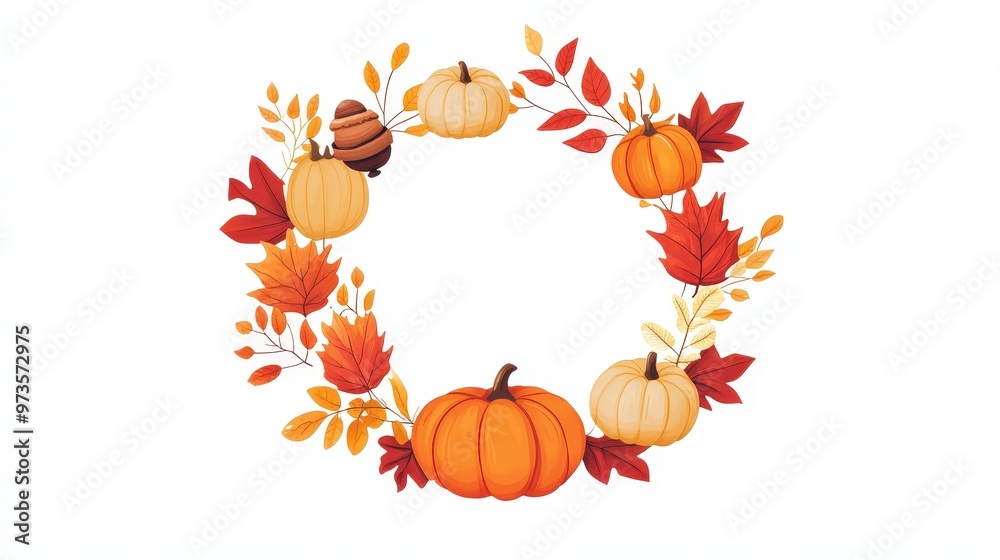 Naklejka premium Vibrant Autumn Wreath in Simple Flat Design with Pumpkins, Leaves, and Acorns on White Background