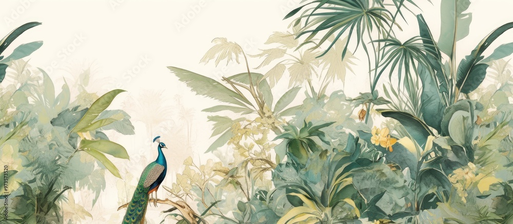 custom made wallpaper toronto digitalMural design featuring tropical plants a peacock and a watercolor background perfect for wallpaper