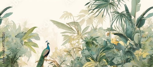 Mural design featuring tropical plants a peacock and a watercolor background perfect for wallpaper