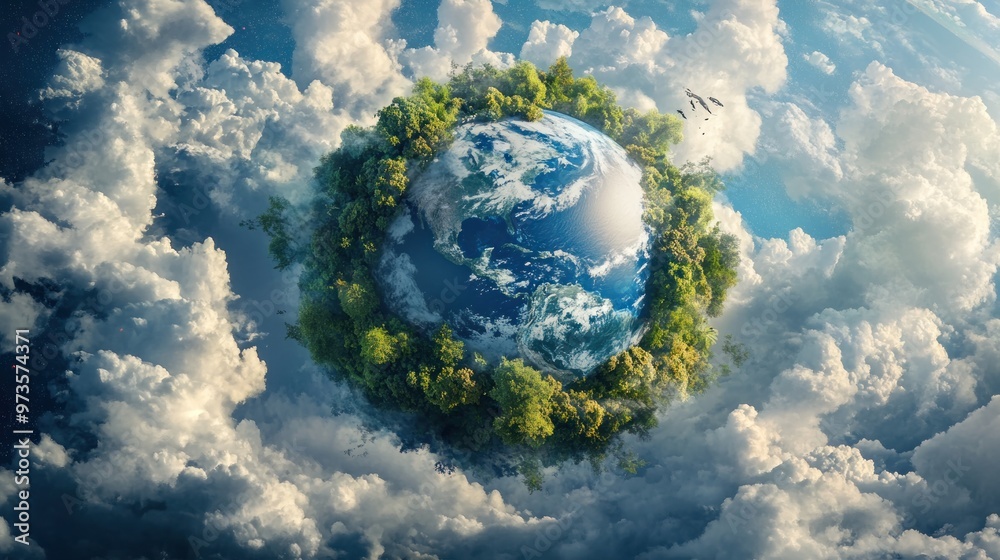 A surreal image of Earth surrounded by lush green trees and clouds with birds flying overhead.